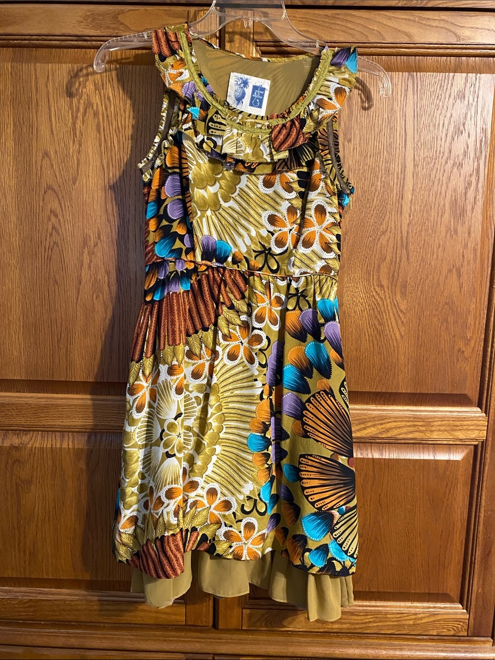 Edme & Esyllte Floral Fan-Print Olive Green Midi Dress with Ruffle Neck